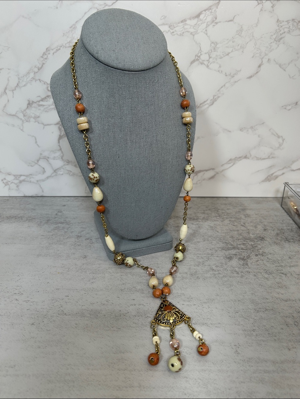 Boho Cream & Brown Glass Beaded Pendant Necklace